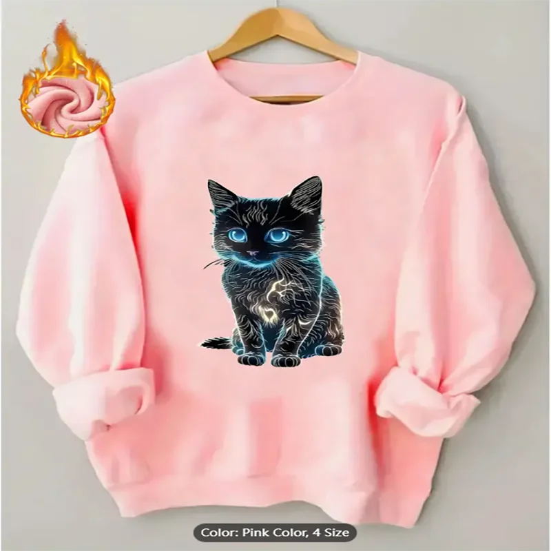 Sweter Abu-abu Muda Wanita Atasan Pullover Besar Kasual Berlapis Bulu Cetak Grafis Kucing Hitam Neon untuk Pecinta Kucing Katun Murni