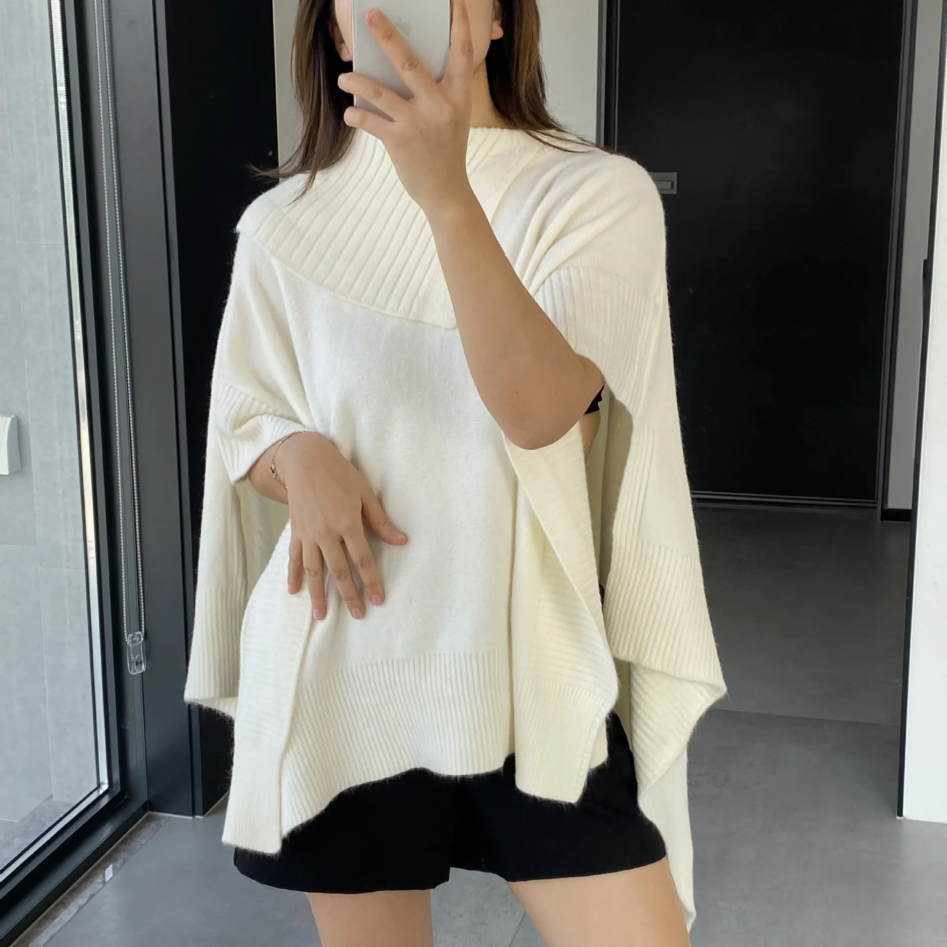 SuperAen Solid Color Scarf Collar Asymmetrical Design Fashion Sweater Shawl Korean Style Thick Pullover Casual Loose Sweaters