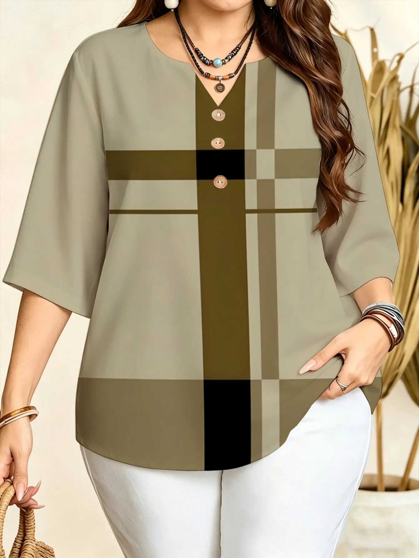 Women Notch V Neck 3/4 Sleeve Blouse Plaid Grid Stripe Geometric Color Block Print Loose Daily Office Top