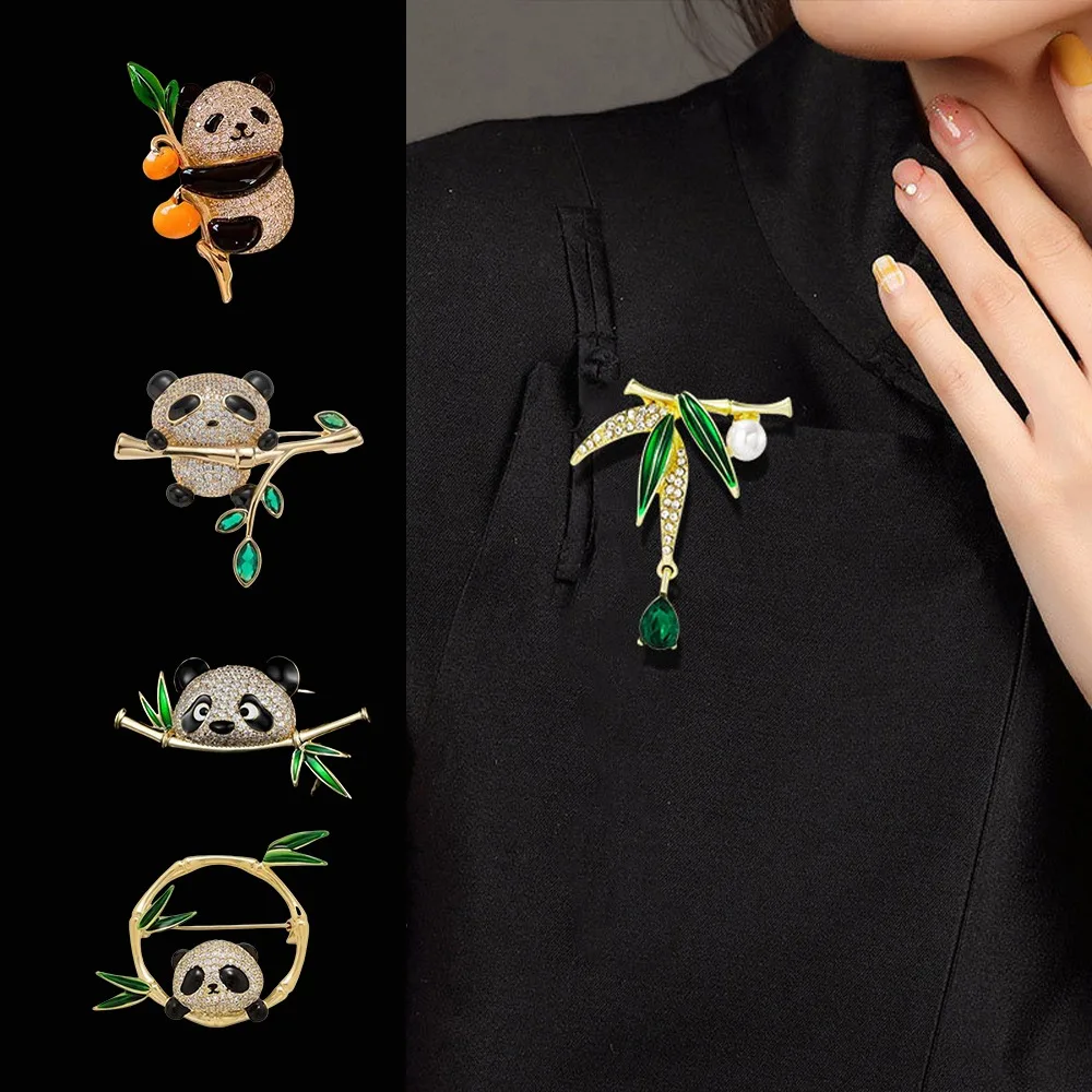 Chinese Style Panda Bamboo Shaped Brooches Rhinestone Inlaid Metal Animal Lapel Pin For Women Dress Coat Corsage Accessories