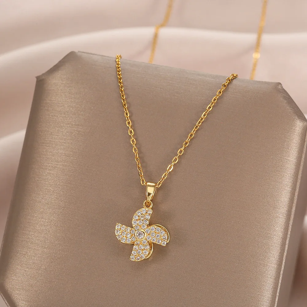 Fashion Rotatable Windmill Crystal Pendant Necklace for Women Gold Colour Clavicle Chain Wedding Statement Friends Jewelry Gift