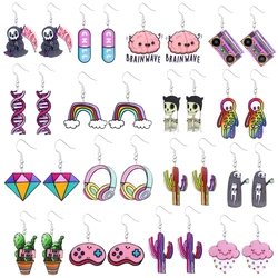 Cartoon earrings made of acrylic, cute and funny, cactus, death god, skull, rainbow
