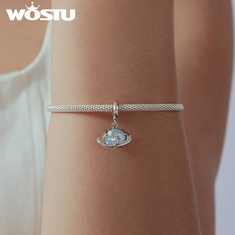 WOSTU DIY Star Moon Charms Bead Firework Zircon Blue Planet Pendant Fit Charm Bracelet, Romantic Universe Series Platinum Plate