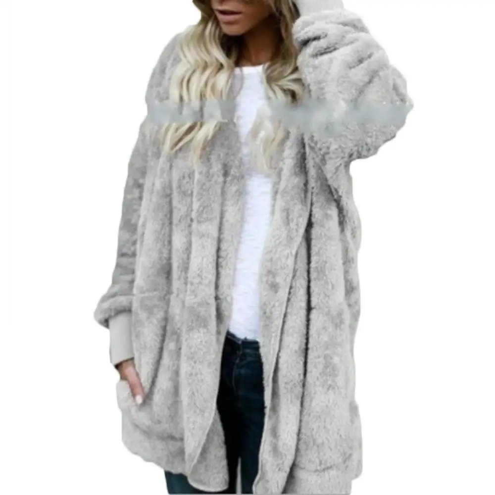 Long Sleeve Women Winter Cardigan Coat Hooded Reversible Faux Fur Pocket Midi wholesale dropshipping Harajuku style chic