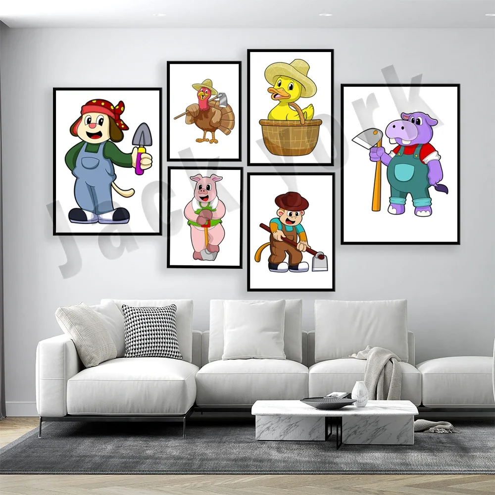 Funny animals goat farmer fisherman hat, hippo farmer garden hoe, penguin, cow farmer pitchfork, animals, farmer work poster