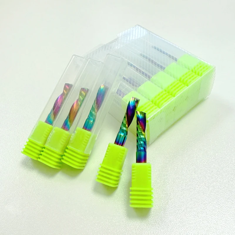 

10 шт./лот, твердосплавная фреза с ЧПУ, 3,175/4/5/6/8 мм AAA, 1 флейта вниз, цветное покрытие, спиральная фреза, фреза