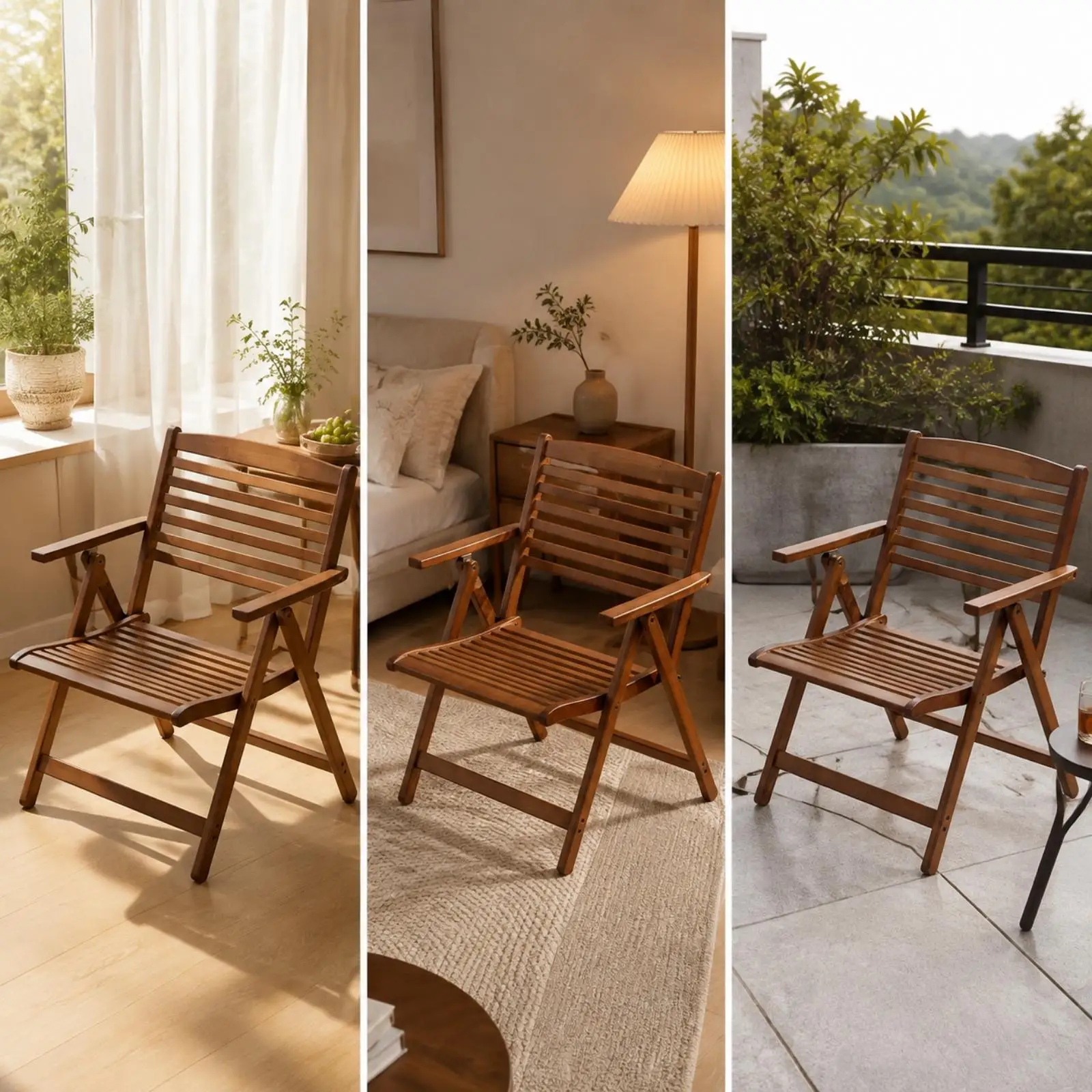 Space Saving Folding Leisure Chair Bamboo Frame with Armrests Slatted Backrest Compact Seat for Camping Home Relaxation