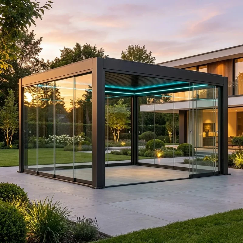 Aluminum Garden Gazebo with Retractable Roof LED Lights Full Enclosure Side Blinds Eco-Friendly Privacy Patio Outdoor Living