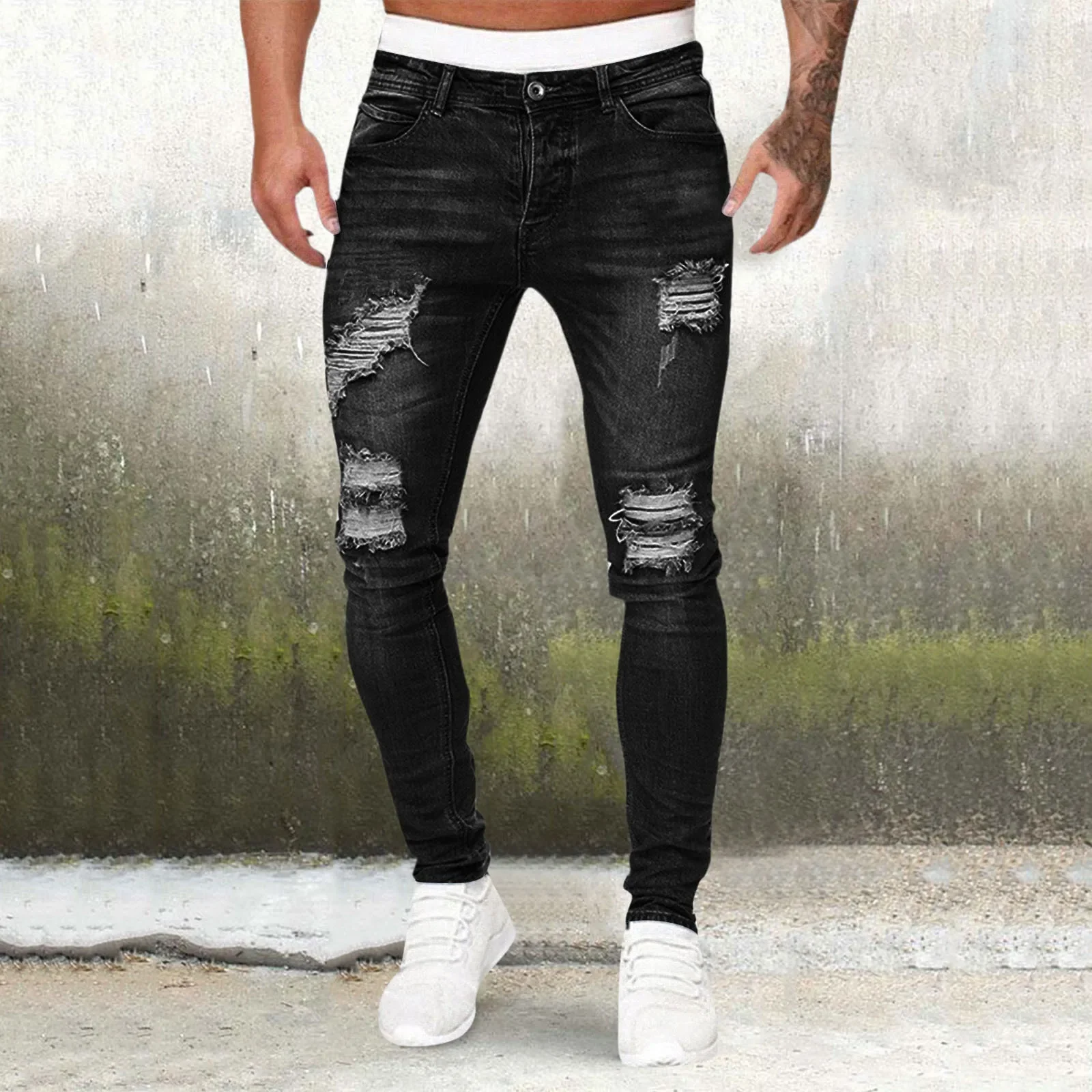 Streetwear Men Jeans Vintage Stretch Denim Pencil Pants Mid Waist Skinny Hole Ripped Denims Distressed Ankle Length Trousers