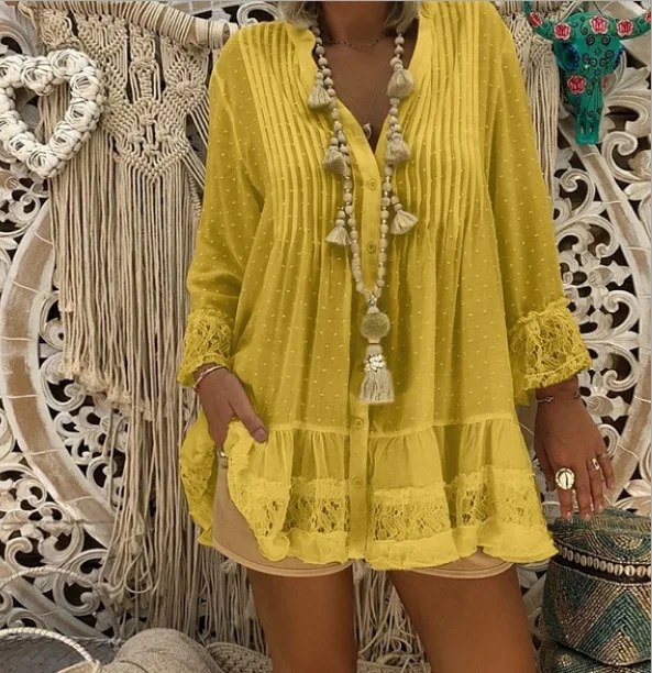 Women lace patchwork swiss dot tunic tops Spring 2023 solid v-neck button up long sleeve oversized shirt 5xl white khaki yellow