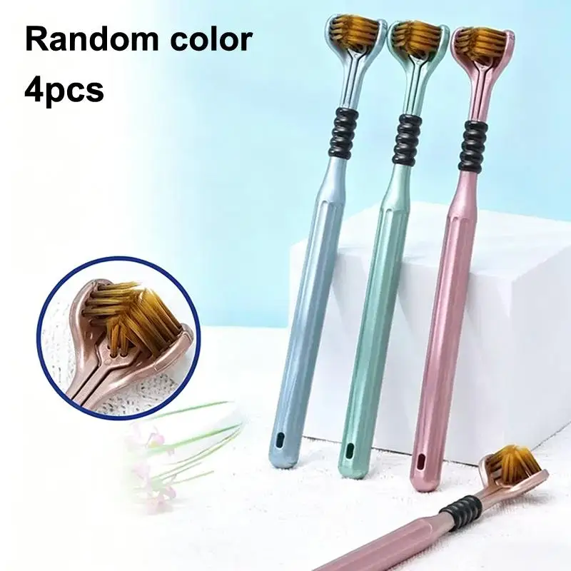 4pcs 3D Stereo Three-Sided Toothbrush Ultra Fine Soft Hair Adult Toothbrushes Tongue Scraper Oral Care 360° Cleaning Teeth Brush