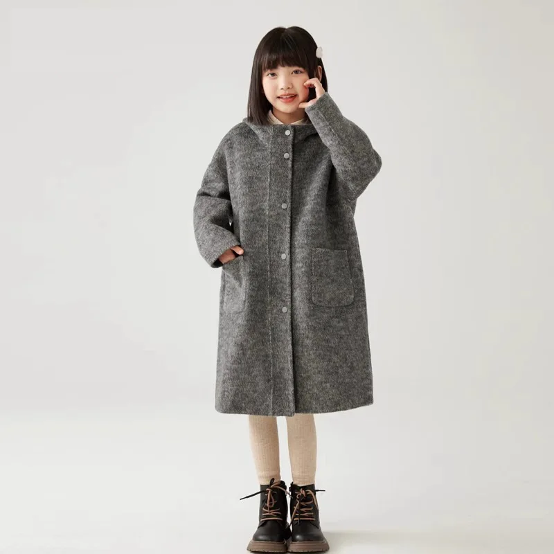 Children\'s Clothing 2023 Autumn winter New Camel Colored Double-sided Hooded Coat Children\'s Stylish Medium Length Woolen Coat
