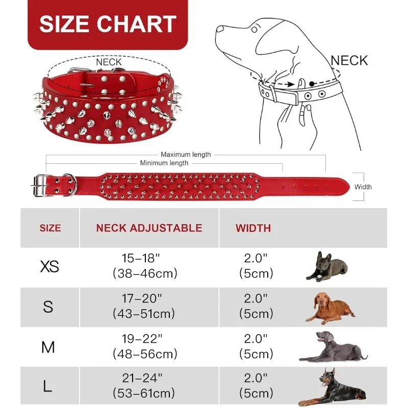 2inch Wide large dog Spiked Studded Leather Dog Collars 5*51-66cm For Medium Large Breeds Pitbull Mastiff Boxer Bully 3 colors