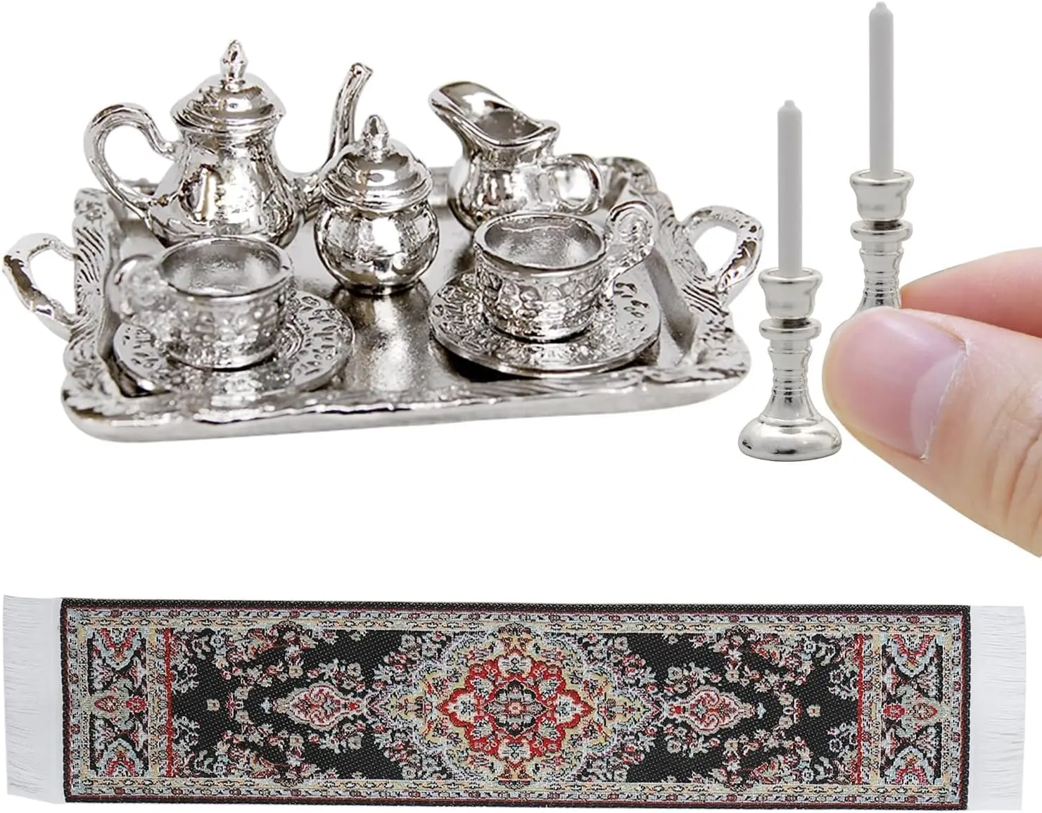 

1/12 Scale Metal Tea Set with Candle Holders & Runner for Dollhouse Miniatures