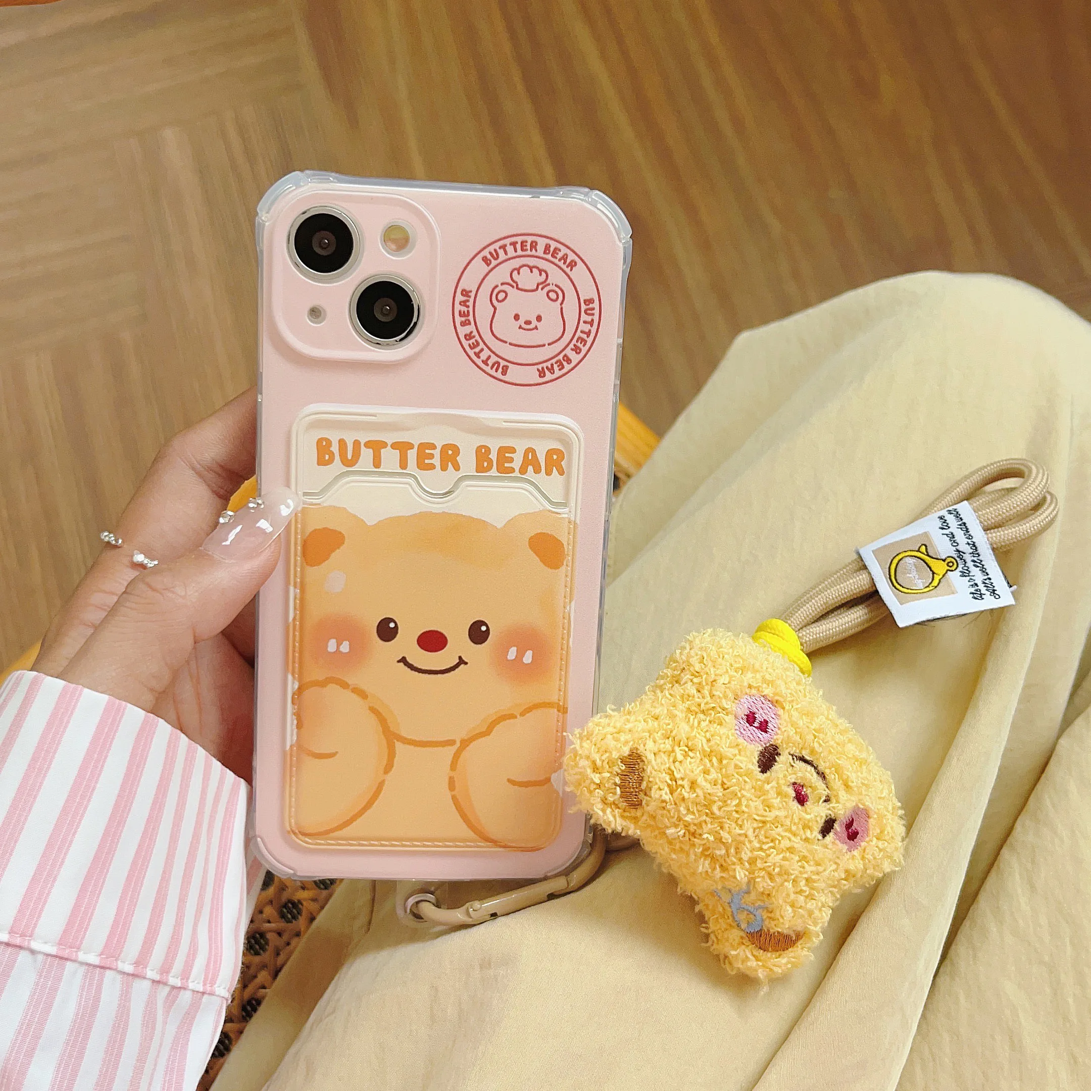 Butter Bear Card Bag Shockproof Phone Case For iPhone 15 11 12 13 14 Pro Max Doll Bear Phone Strap Phone Lanyard Protector