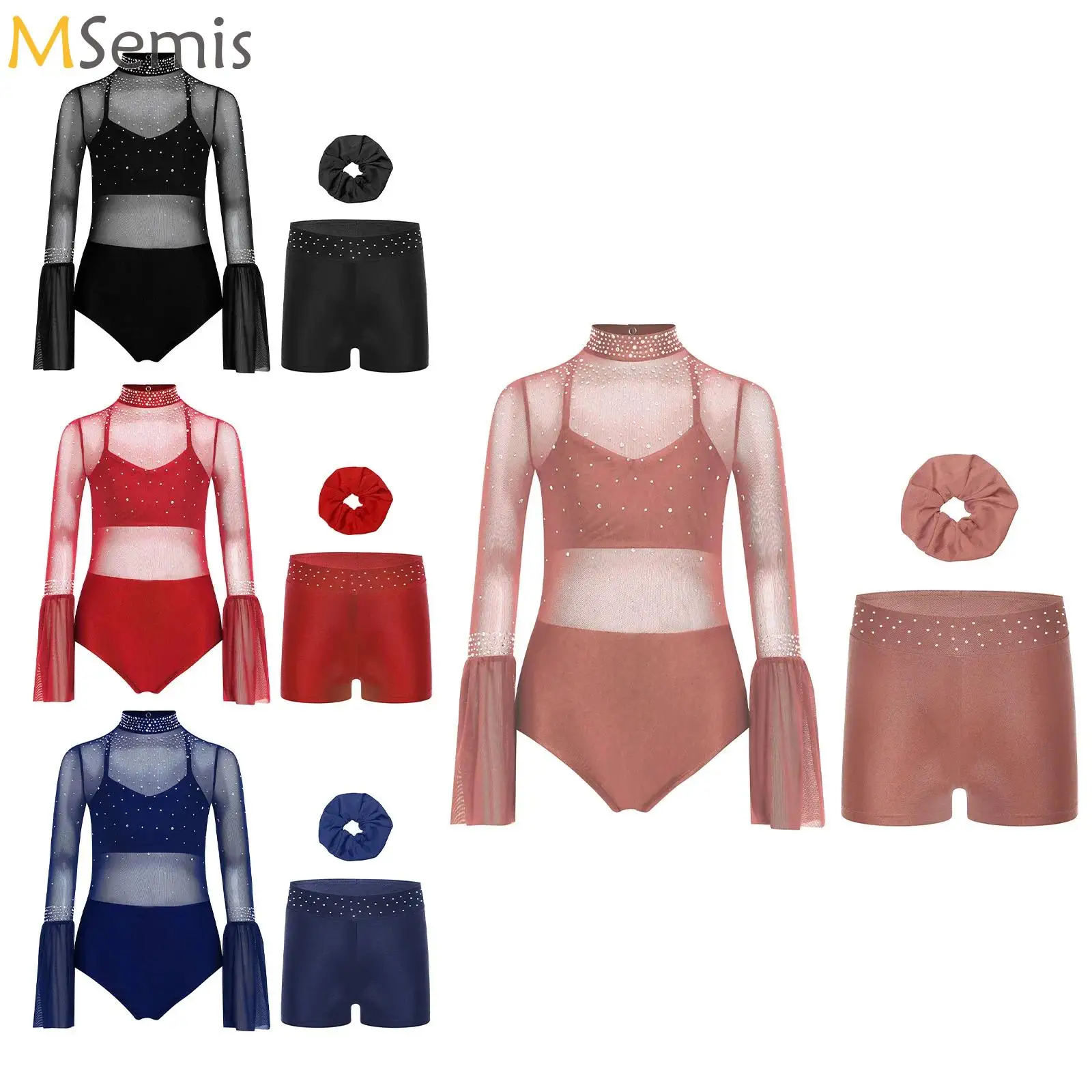 

Girl Sparkly Gymnastics Artistic Figure Skating Dance Costume Ballet Jersey Jumpsuit Sheer Mesh Leotard Bodysuit+Shorts+Headwear