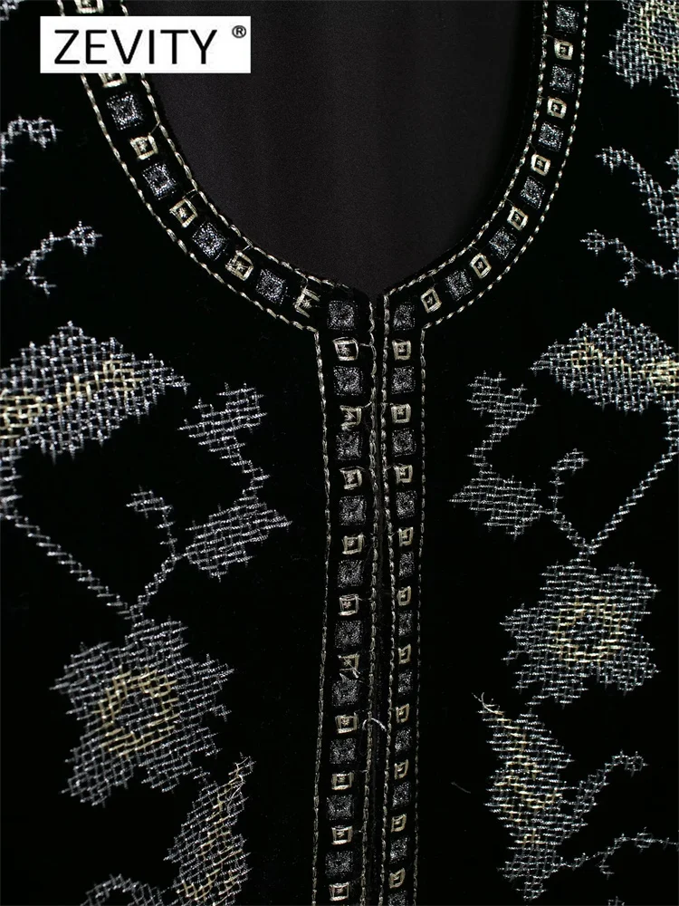 Zevity جديد إمرأة خمر س الرقبة هندسية الأزهار التطريز قصيرة المخملية معطف مكتب سيدة طويلة الأكمام أبلى سترة القمم CT7352 #4
