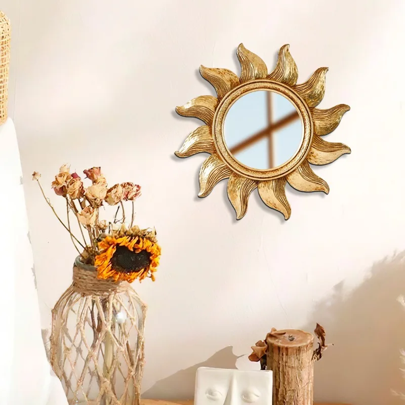 Golden Sunflower Circular Decorative Hanging Mirror with Sunlight Design Suitable for Living Rooms, Bedrooms, Homes, and Walls