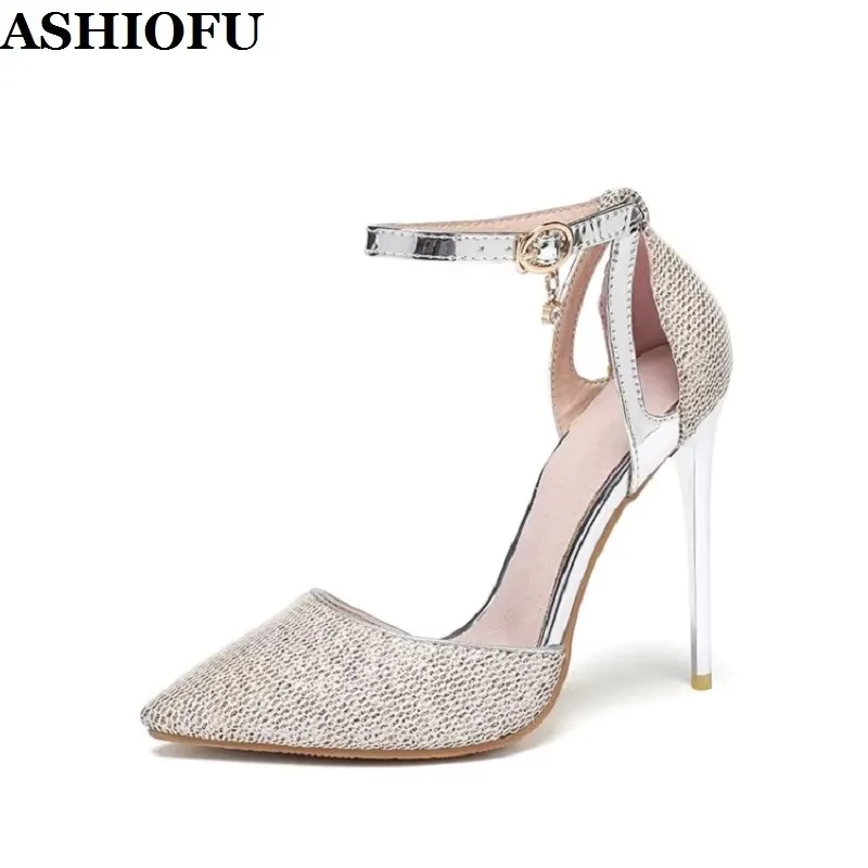 ASHIOFU Handmade Women's High Heel Pumps D'orsay Style Ankle Strap Pointy Shoes Large Size Fashion Evening Club Gold Court Shoes