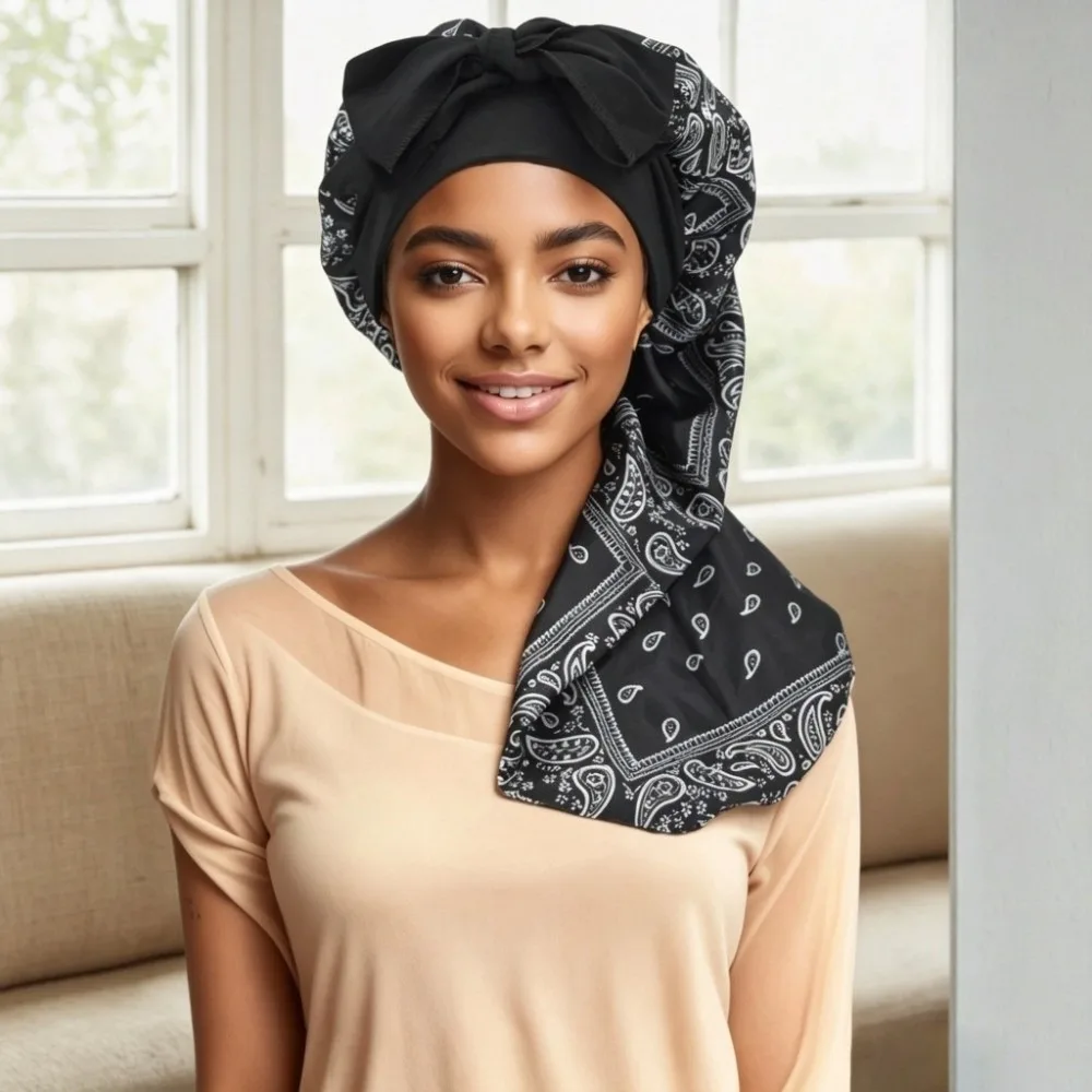 Satin Material Silk Hair Bonnet Bowknot Design Wide Elastic Band Night Sleep Cap Leopard Print Long Style Hair Protector Bonnet