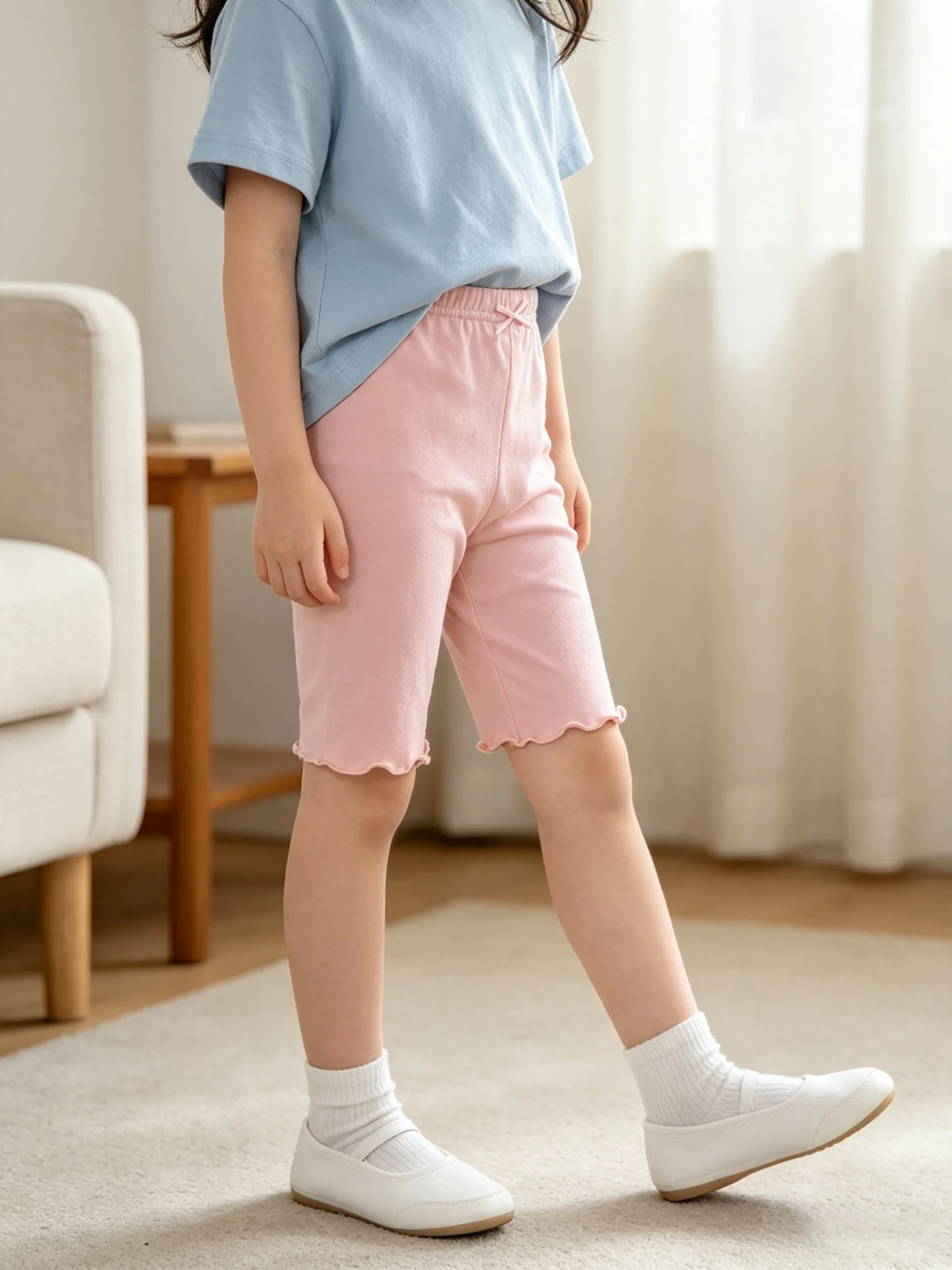 5 Pcs Girls Candy‑Color Bike Shorts Ruffle Hem Bow Decor Kids Stretchy Safety Shorts All‑Season Wearable Outside Bottoms 2‑12Y