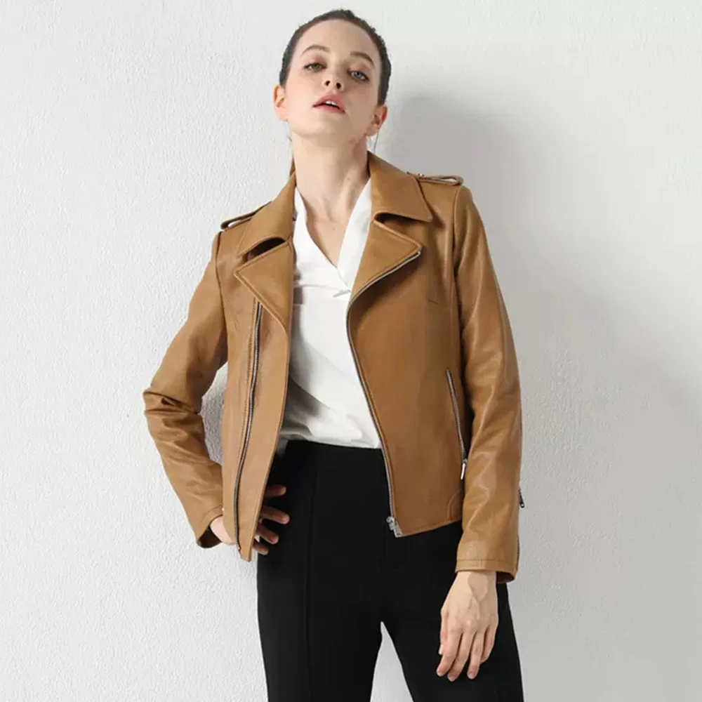 

Leather Genuine New Women Jacket Spring Autumn Fashion Casual Suit Collar Coral Texture Sheepskin Short Coat Slim Outerwear