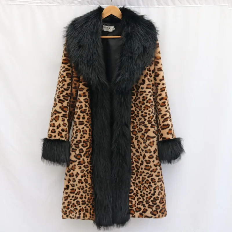 Women's Clothing Leopard Print Coat Long Coat Mink Fur Overcoat Fox Fur Fur Collar Winter Warm Windbreaker Loose Fit Plus Size
