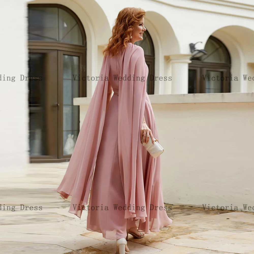 Elegant Chiffon Mother of the Bride Dresses Jewel Neck Sleeveless Wedding Party Gowns Pleat Ankle Length A-Line فساتين السهرة