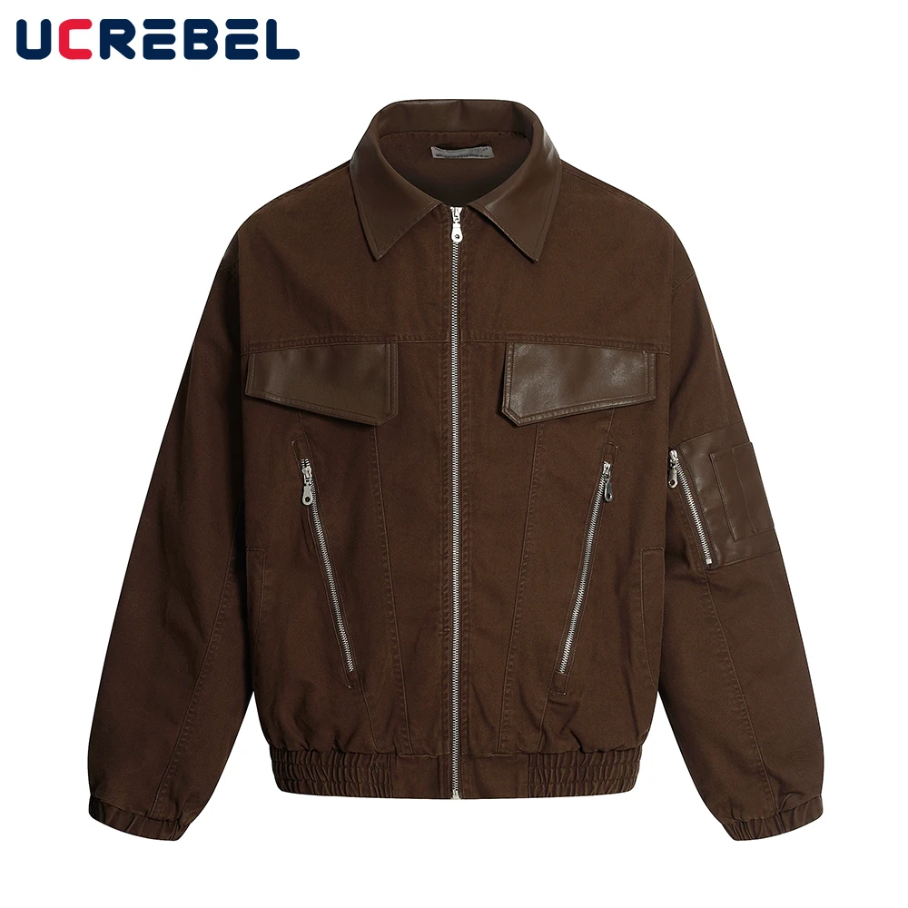 

Retro Spliced Cargo Jacket Mens Autumn Zipper Decoration High Street Lapel Long Sleeve Loose Outerwear Man