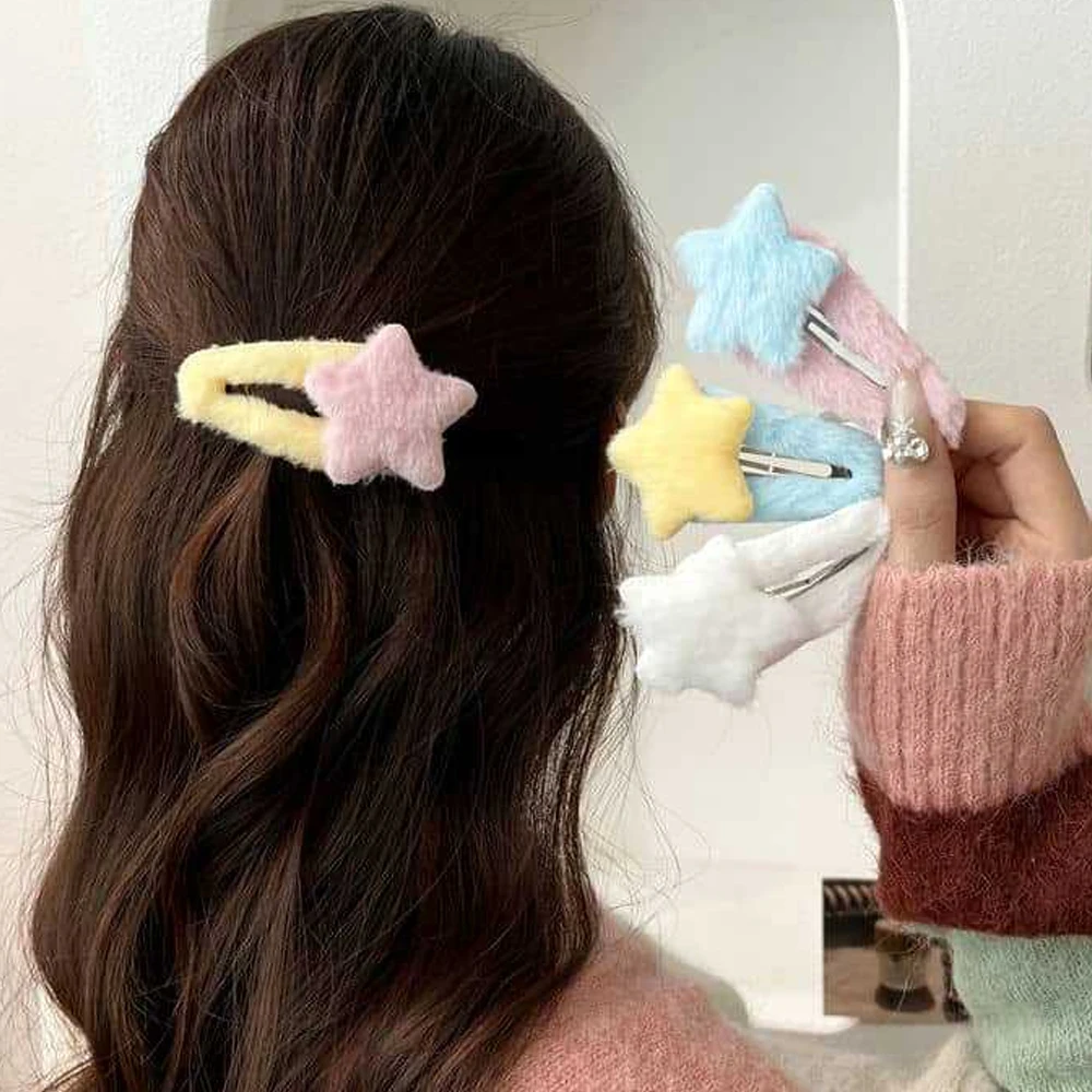 

Korean Fluffy Star Hairpins For Women Winter Sweet Snap Barrette Headwear Girls Y2k Style Hair Accessories Bangs Clip Hairgips
