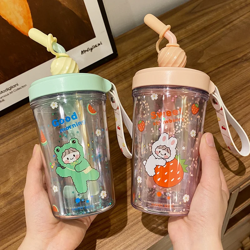 Lovely Rotating Water Cup Stirring Cup Summer Plastic Spiral Stirring Cup Student Girl Heart Band Cup