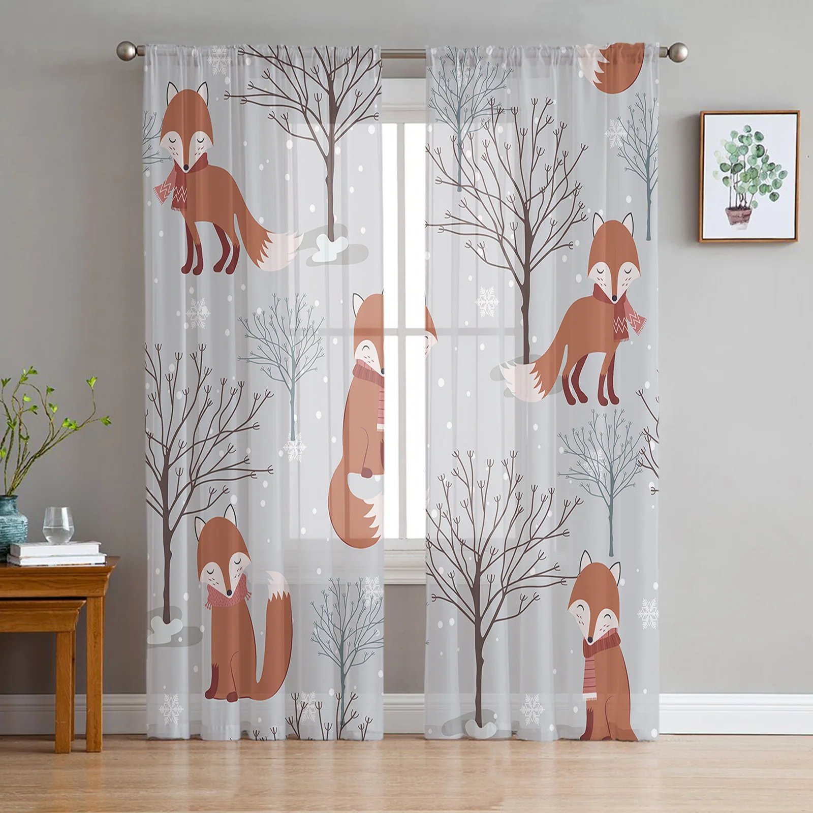 

Cartoon Fox Branches Forest Snow Sheer Curtains for Living Room Decoration Window Curtain Kitchen Tulle Voile Organza Drapes