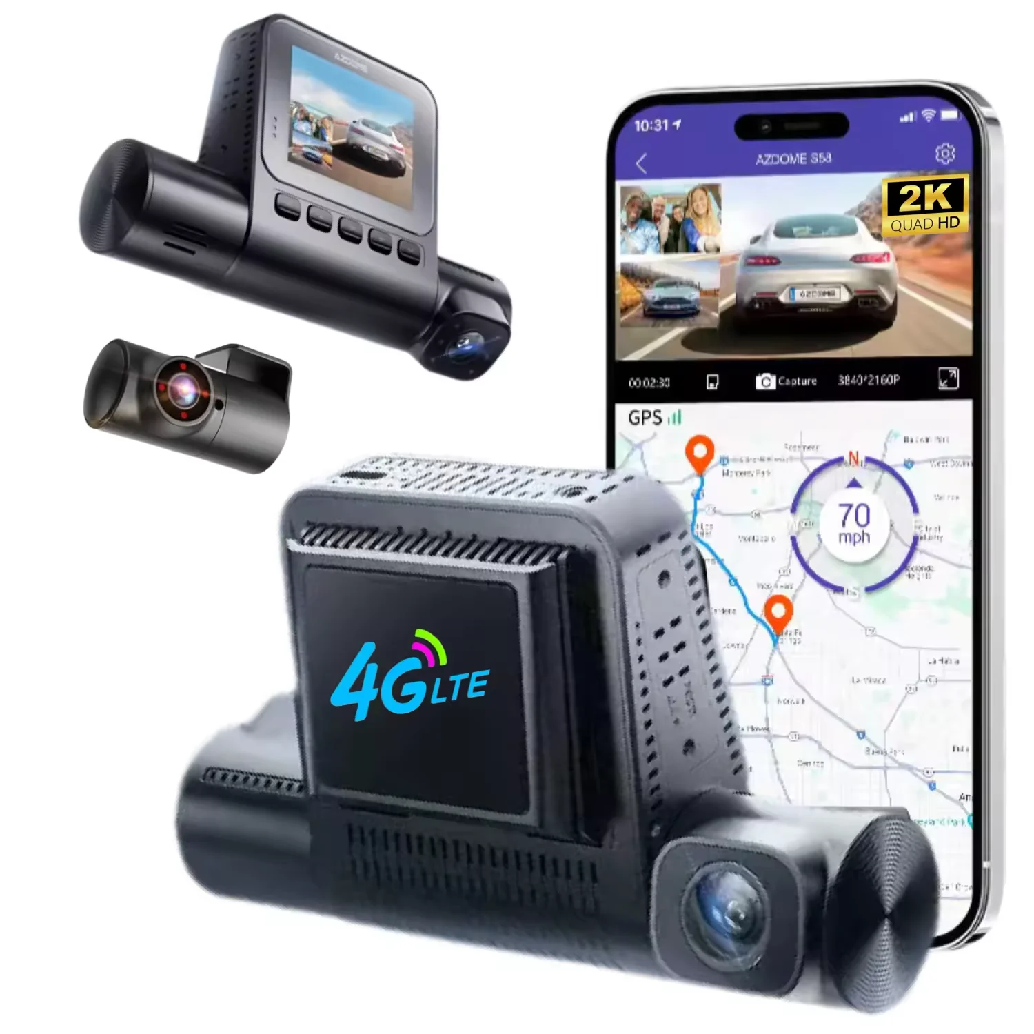 S58 4G  Dash Camera 2K Resolution Intercom Remote Real-time Live Streaming GPS App 3CH Front Rear Sim Card for 24-hour