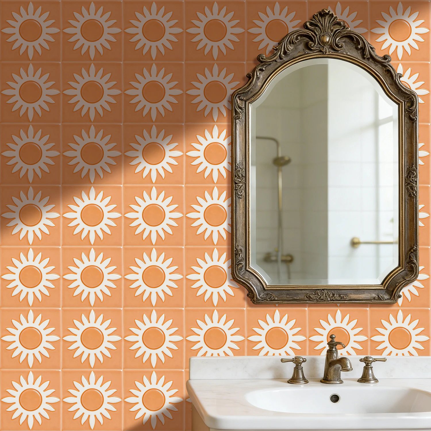 Boho Style Peach Orange Daisy Tile Decals Waterproof Wall Stickers Self-Adhesive Home Decor for Kitchen Bathroom