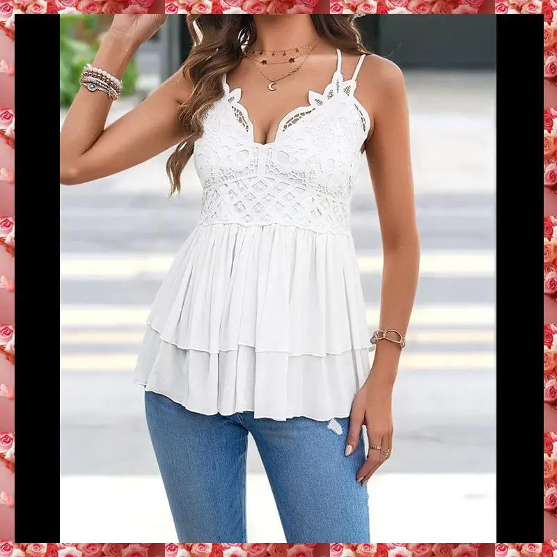 Canotte in pizzo per donna Camicie estive senza maniche con cinturino per spaghetti Babydoll Top Camicie senza maniche in chiffon