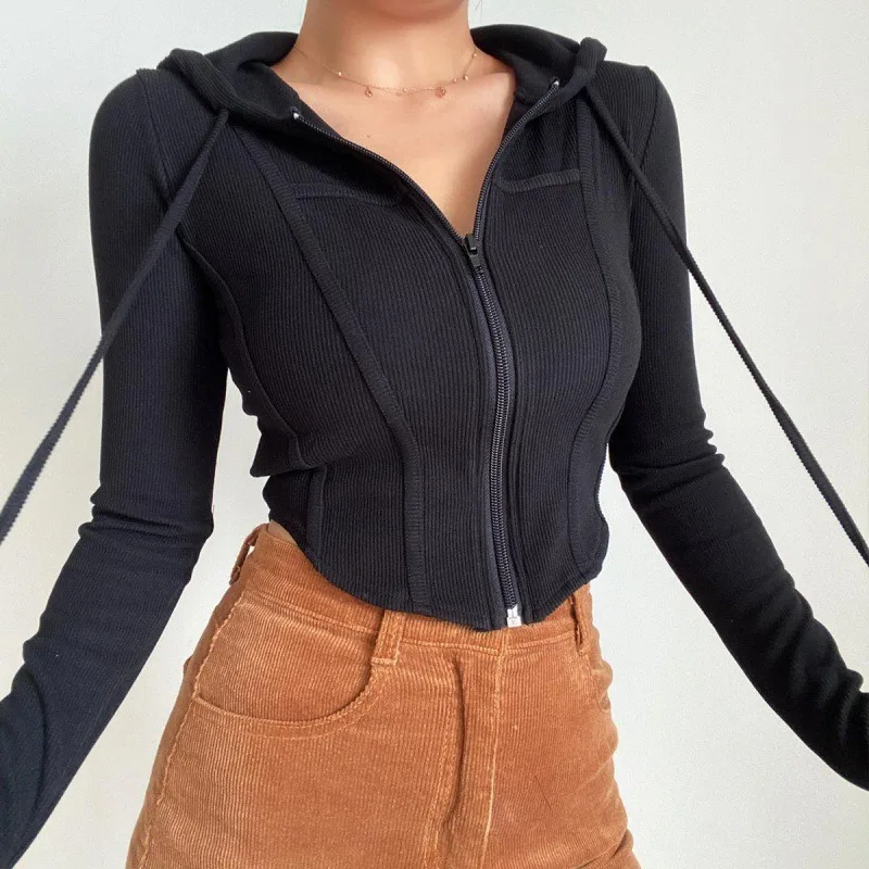 Streetwear Slim Fit Cropped Jacket Women Korean Fashion Long Sleeve Hooded Crop Top Woman Ribbed Zipper Up Sweatshirt Mujer 후드티