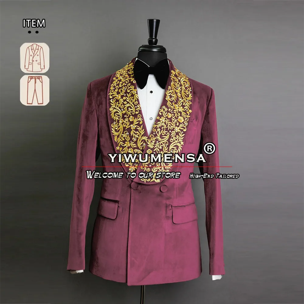 Pakaian Formal beludru Appliques emas pria, jas Formal pernikahan pengantin pria, celana Blazer Double Breasted, pakaian pria 2 potong