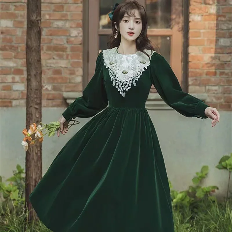 

Fall Spring Women Embroidery Patchwork Green Big Bow Velour Dress , Woman Clothes Mid Calf French Style Vintage Velvet Dresses