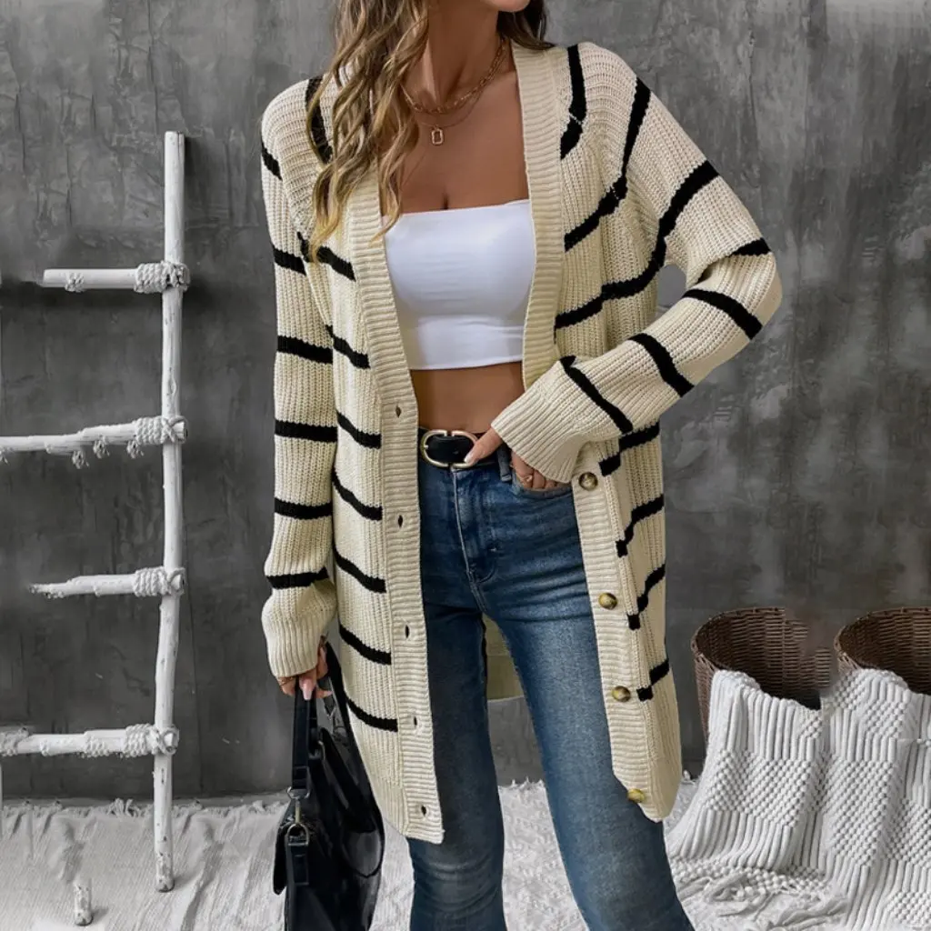 

Independent Station Women's Long Striped Knitted Cardigan Sweater Autumn European And American Leisure Style
