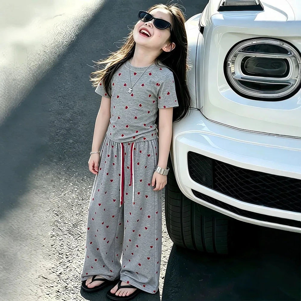 Summer Girls Children Set Short Sleeve Teenager HEART LOOSE Top T Shirt t-shirt + Wide Leg Long Pants 4 6 7 8 10 12 14 Years