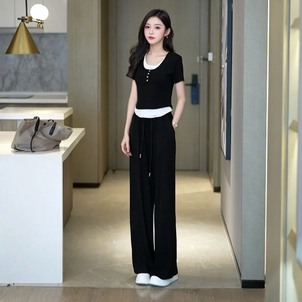 Summer 2024 Apricot Wide Leg Trousers Woman Top and Pant Sets for Women 2 Pieces Groups Of Casual Elegant Korean Style Chic Xxl