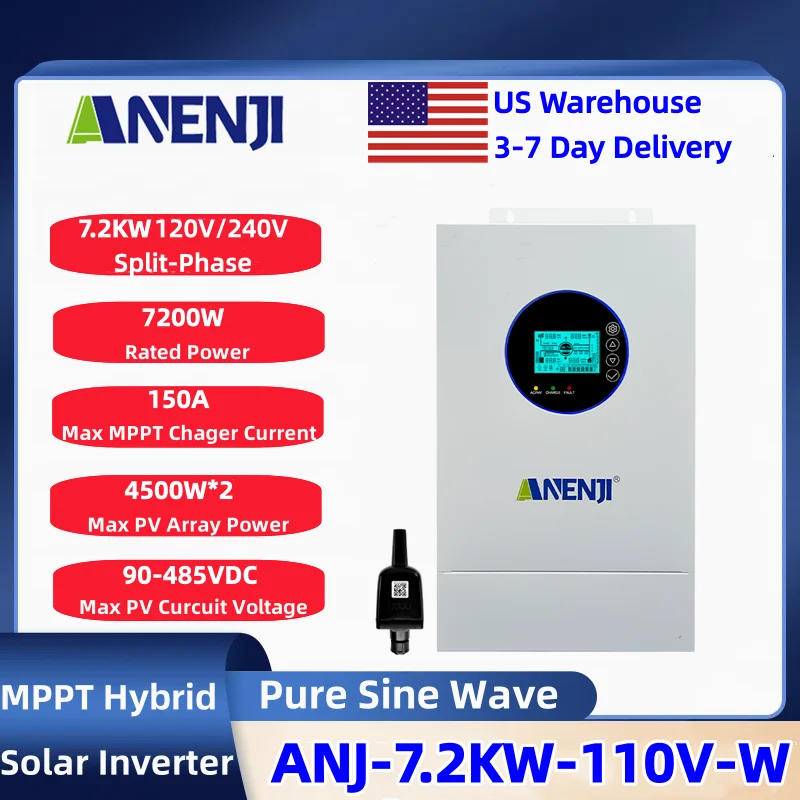 Anenji 7.2KW Split Phase 120v/240v Hybrid Solar Inverter Pure Sine Wave Built-in 150a MPPT Solar Charge Controller Fit Home Energy Storage