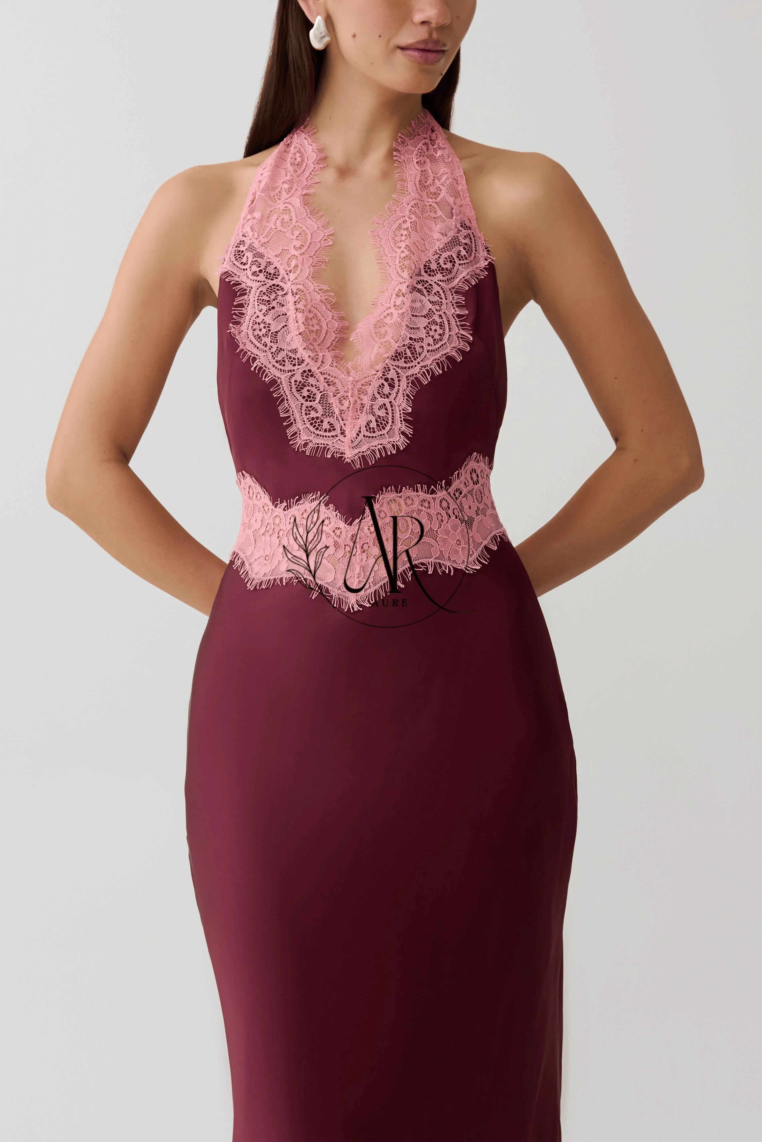 Aure Cus Halter Deep V Neck Evening Dress Mermaid Satin Women Lace Patchwork Backless Maxi Formal Party Prom Guest Gowns
