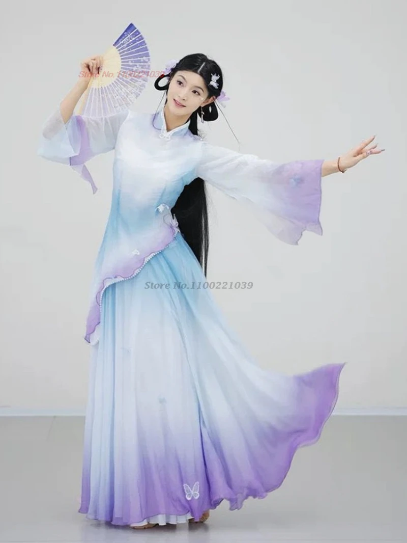 

Традиционный китайский винтажный костюм Ханьфу 2026 года: комплект из сетчатого топа и юбки с градиентным цветом для народных танцев и сценических выступлений