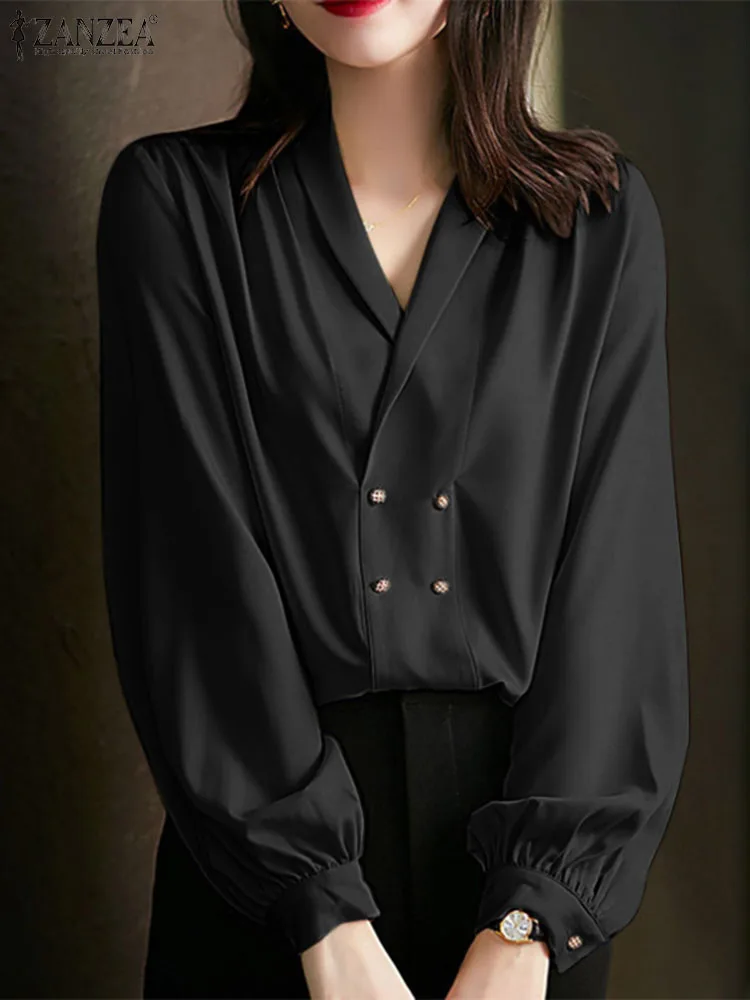 ZANZEA 2023 Fashion Office Tops Women Long Lantern Sleeve Satin Silk Blouse Elegant Solid Sexy V-Neck Shirt Autumn Buttons Blusa