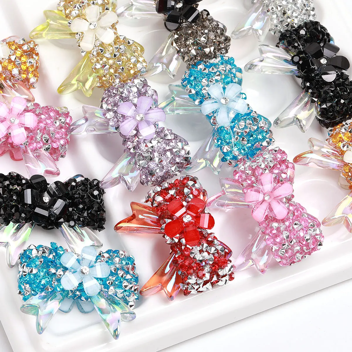 6pcs 3.8x3.2cm Random Color Mix Colorful Embed Five-petaled Flower Rhineston Bow Shape Acrylic Beads Creative Pen For Jewelry