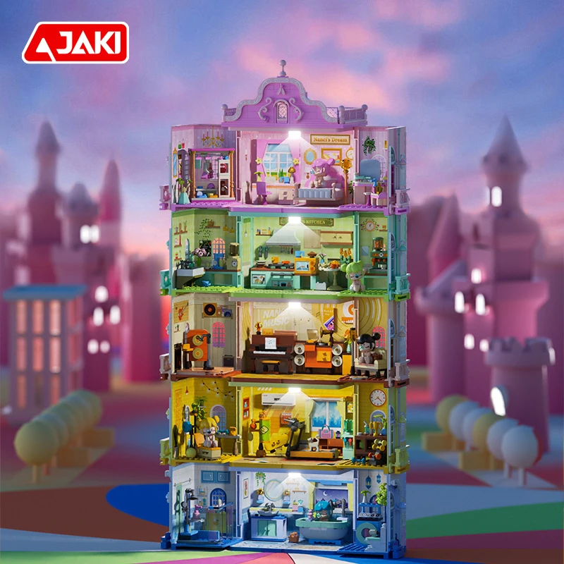 JAKI Building Blocks Super Town, el dormitorio de la princesa Nanxi, la sala de música, la casa apilada, la escena de la calle, la montaje, los artículos decorativos,