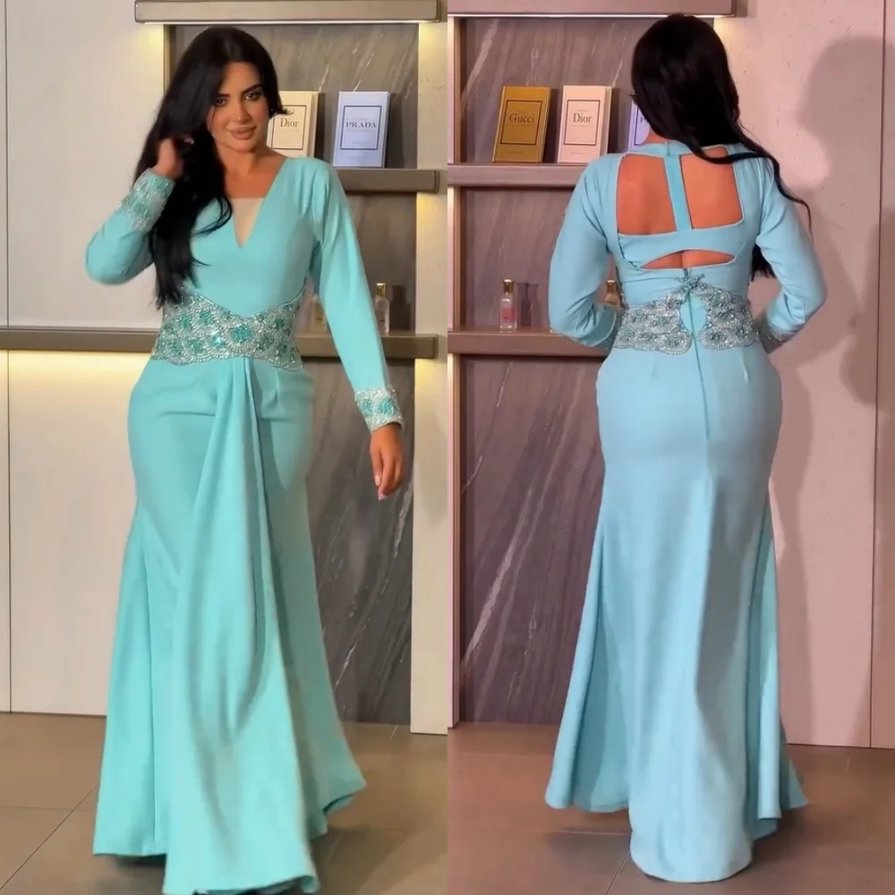 

Customized Sizes Available Jersey Pleat Sequined Pattern Straight V-neck Long Dresses Evening Bespoke Occasion High Quality