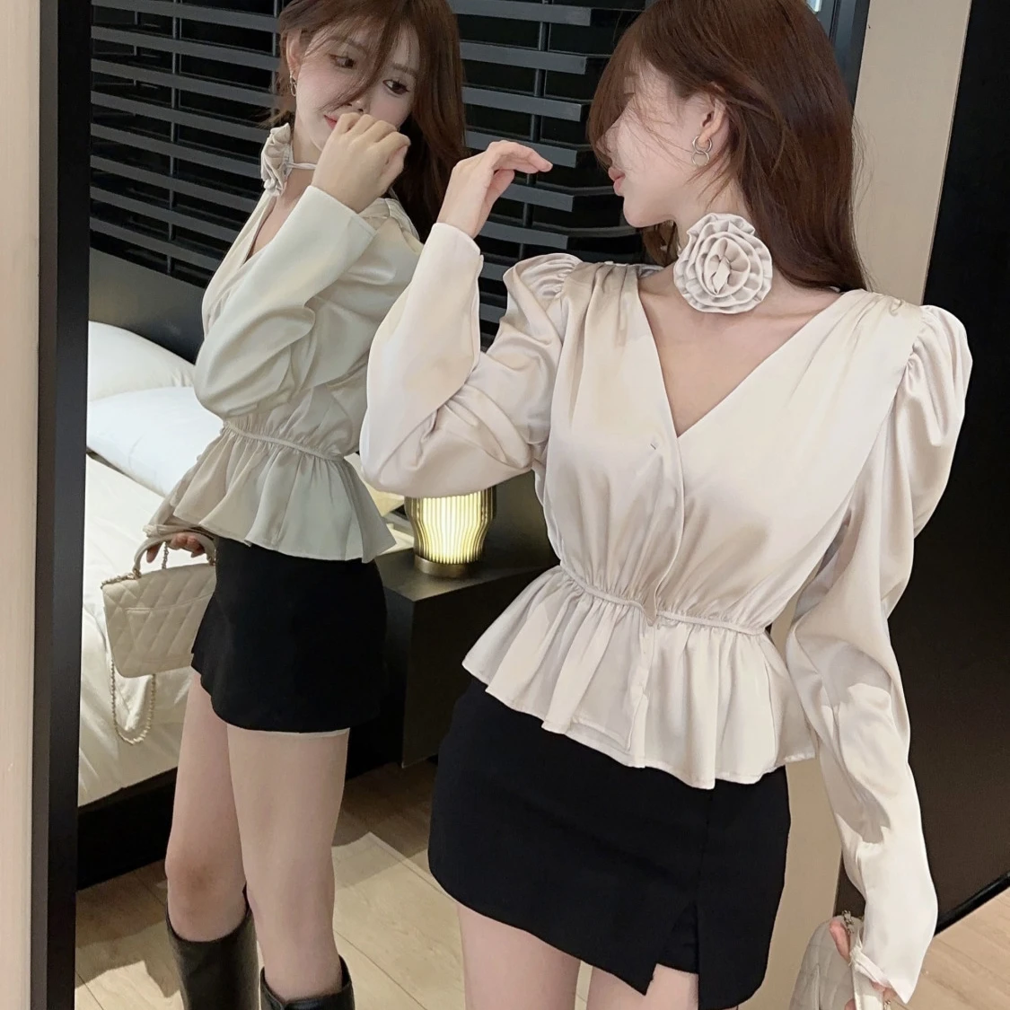 V-neck Long Sleeve Blouses Women Champagne Vintage Slim Elegant High Street Solid Y2k All-match Tops Female Gentle Stylish New