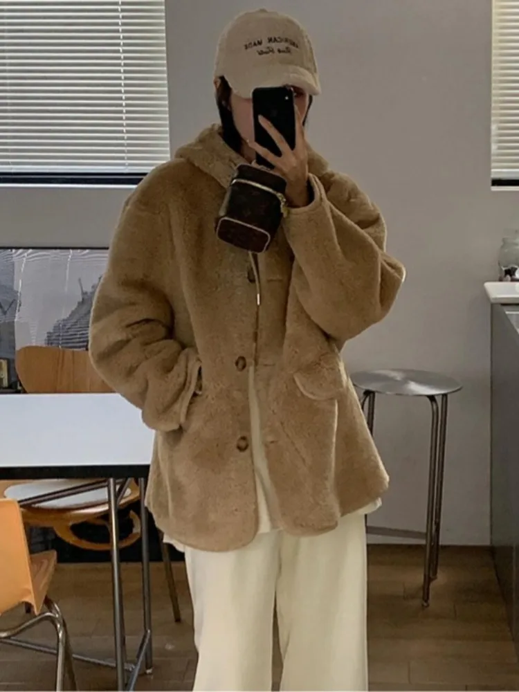 الرجعية Sle زر واحد مقنعين فرو الضأن Jaet المرأة شتاء جديد Faion معطف جلد دافئ متكامل أعلى ربيع الخريف واي...